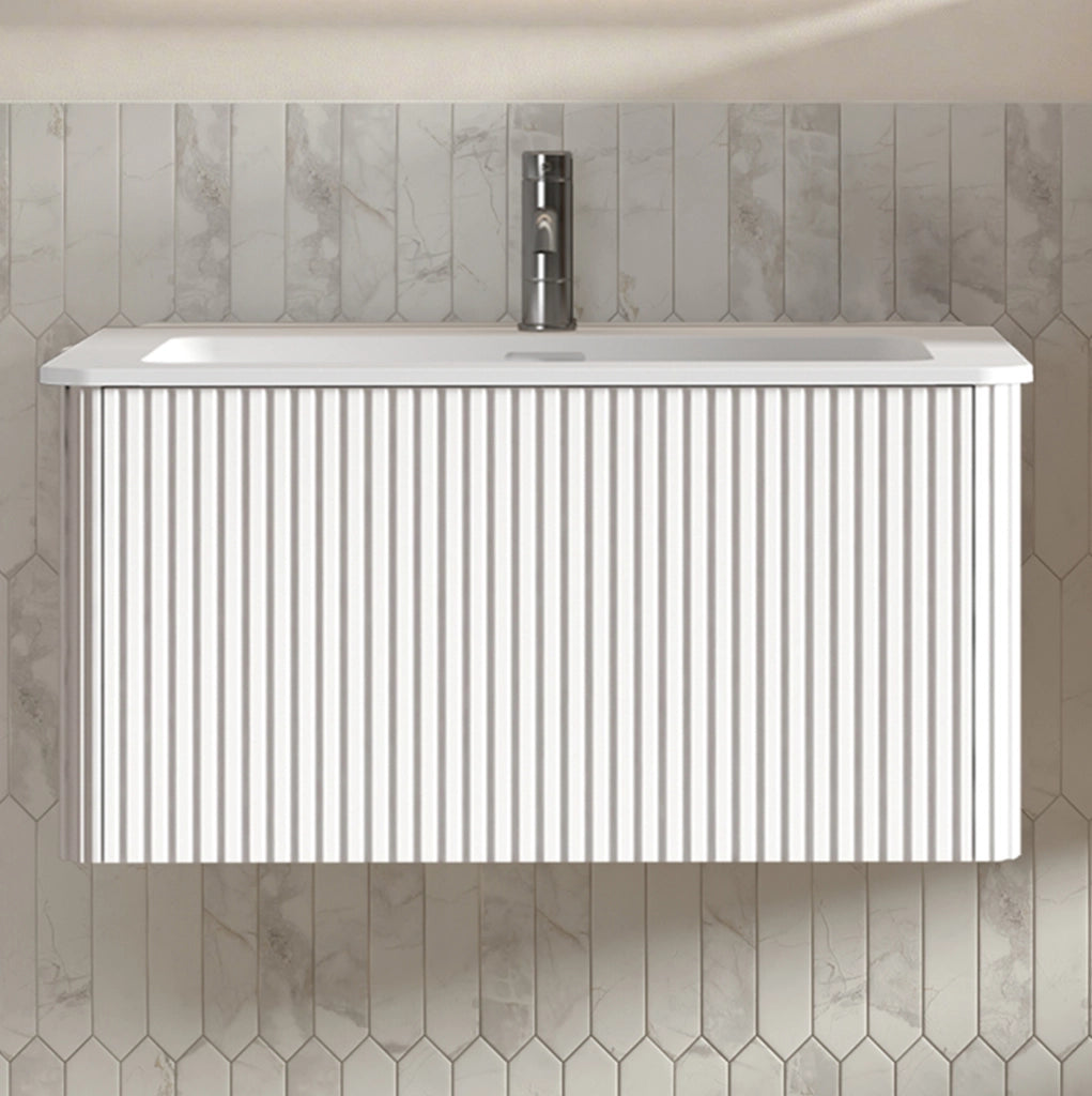 Mobile bagno sospeso 80 cm con lavabo, design scanalato, bianco, preassemblato