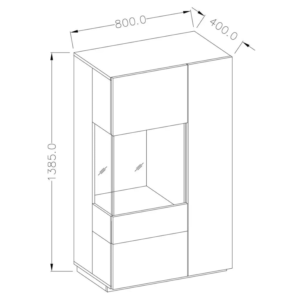 Credenza alta collezione KILES con due porte. Colori bianco e rovere. Porta a vetro a destra.