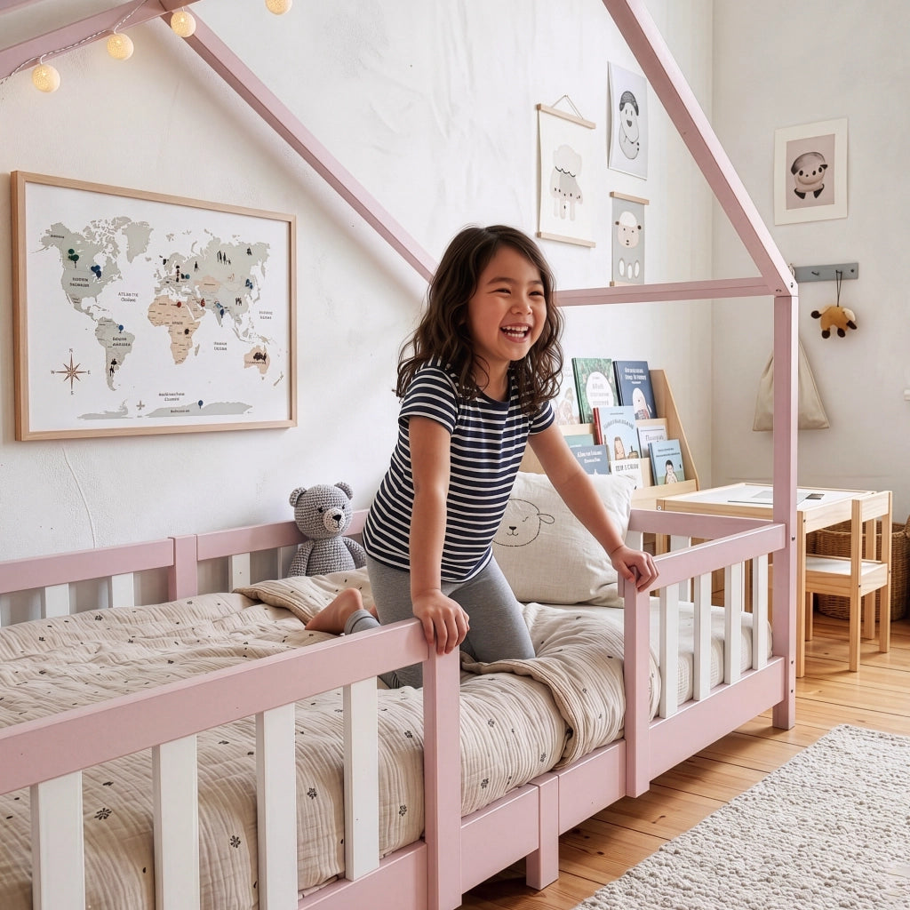 Letto per Cameretta Treviolo a Forma di Casetta in Stile Montessori 90x200 cm Rosa/Bianco [en.casa]