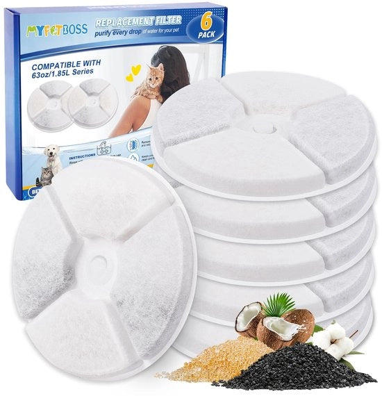 Set di 6 filtri per fonte d'acqua per gatti da 2.0 e 3.0 L, capacità 1,85 L, per fonte d'acqua per animali domestici