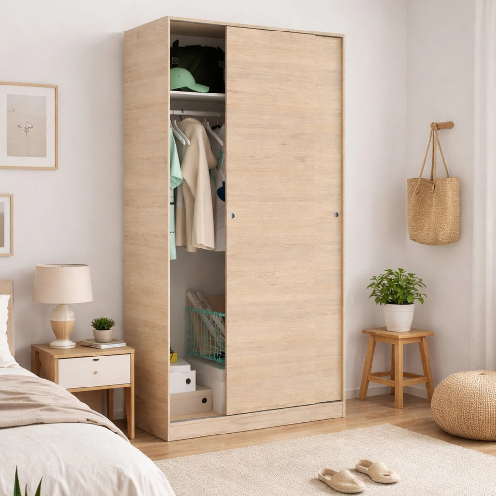 Guardaroba Abigale, Mobile appendiabiti per camera da letto, Armadio con 2 ante scorrevoli, 100x50h204 cm, Rovere