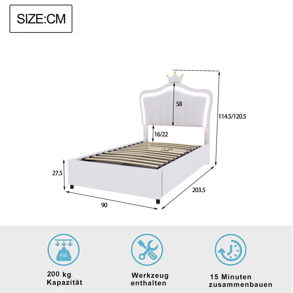 OKWISH Letto Contenitore 90×200 cm, Letto Singolo con LED Regolabile, Contenitore Idraulico e Testiera Regolabile, senza Materasso, Bianco
