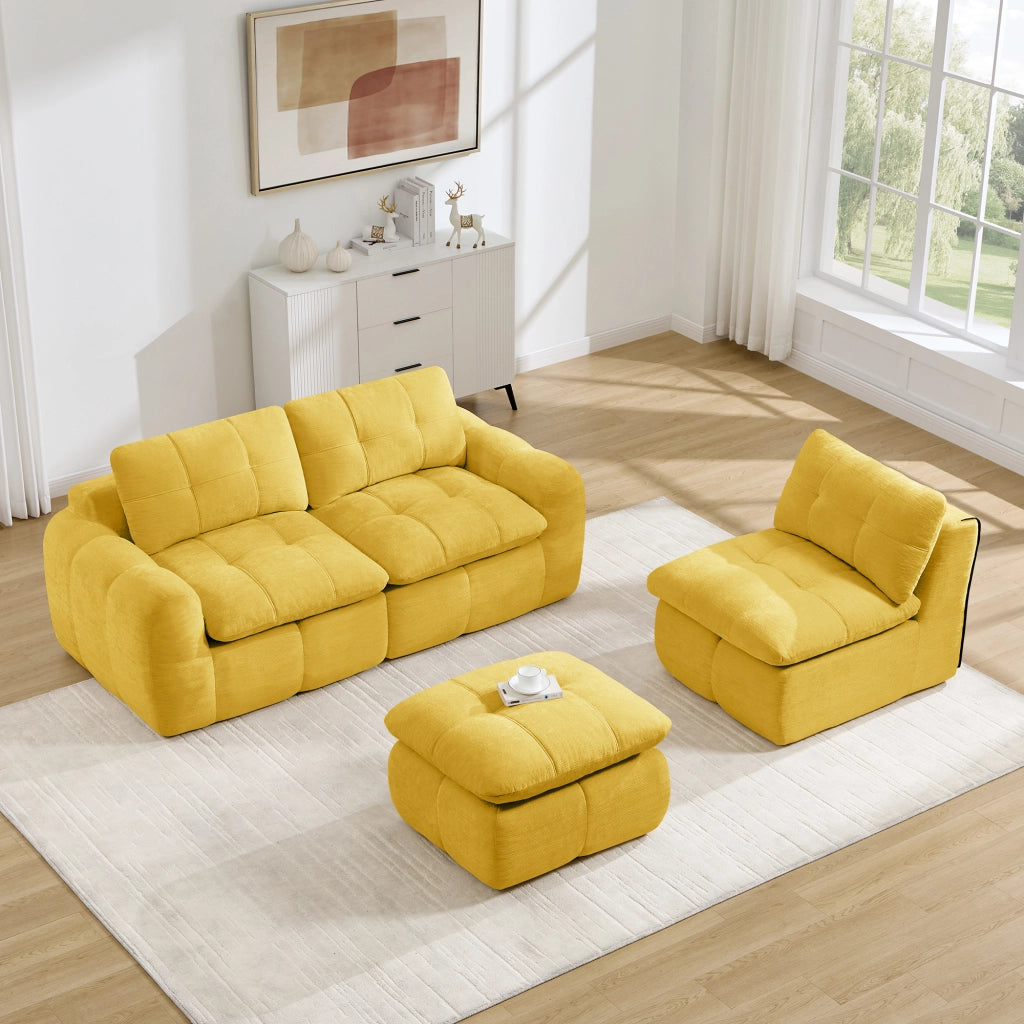 Divano modulare 3 posti - con chaise longue e pouf - per soggiorno - in chenille gialla