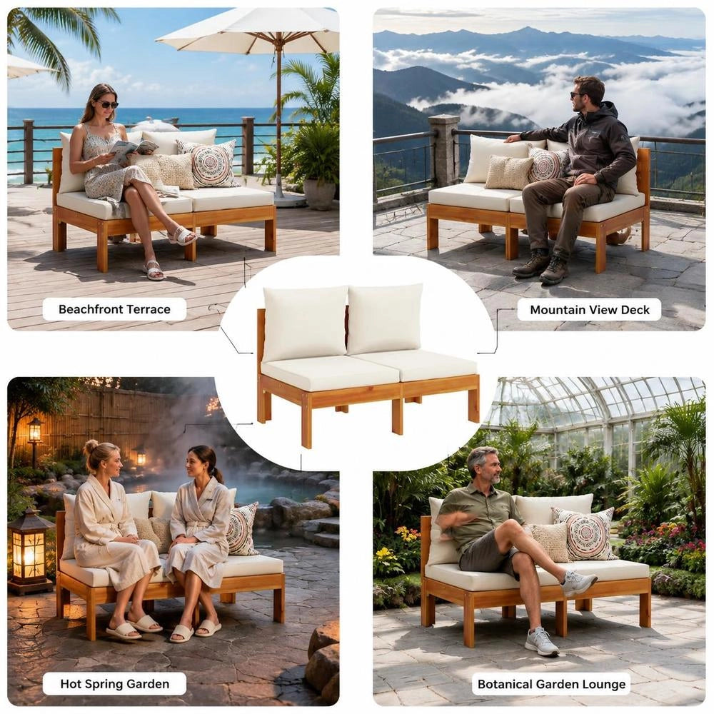 Garden Sofa Without Armrests With Cushions, 2-seater, Solid Acacia Wood