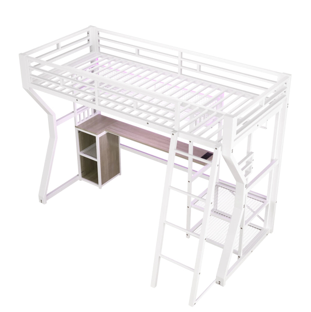 Letto a soppalco 90x200 cm con scrivania; vano appendiabiti; mensole; luce integrata; bianco