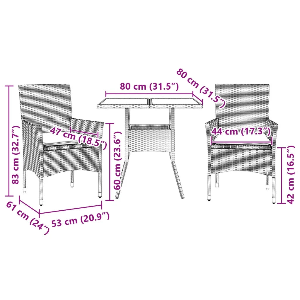 Set Pranzo da Giardino 3 pz | Set Salotto da Giardino con Cuscini Nero Polyrattan Acacia