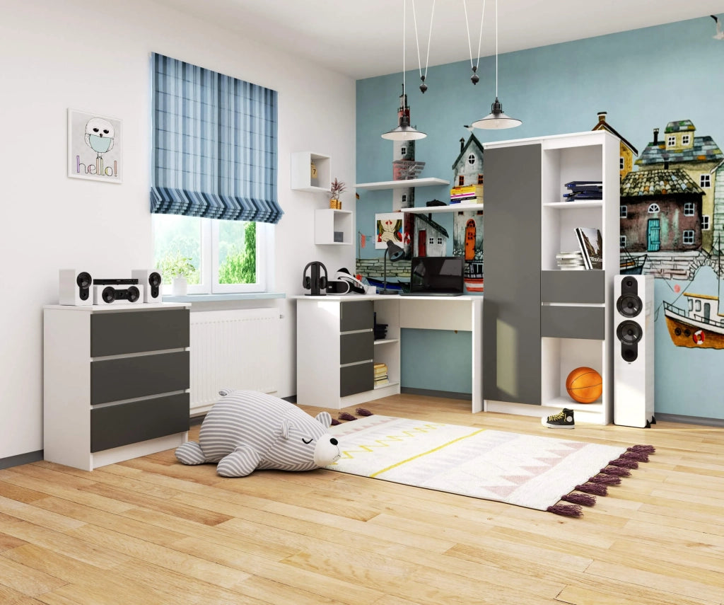Scrivania angolare AKORD B16 Bianco 124 cm 3 cassetti inserto frontale Grigio Grafite 124x85x77 cm Modello a sinistra