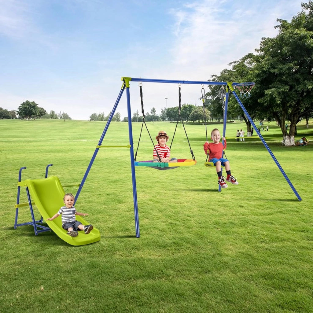 Set di Altalene da Giardino per Bambini 3-10 Anni, Seggiolino Altalena Bambini 4 in 1 con 2 Altalene, Scivolo e Canestro da Basket, Scivolo e Altalena per Uso Esterno e Interno