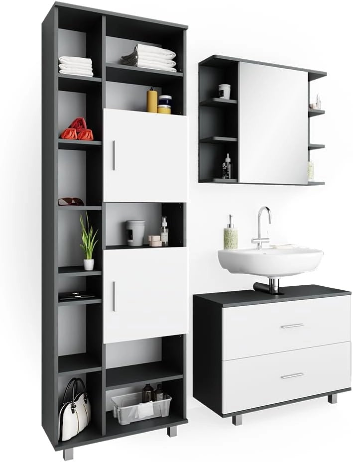Set mobili bagno Ilias, Bianco/antracite, 80.2 cm, composto da mobile sottolavabo, specchiera e colonna alta