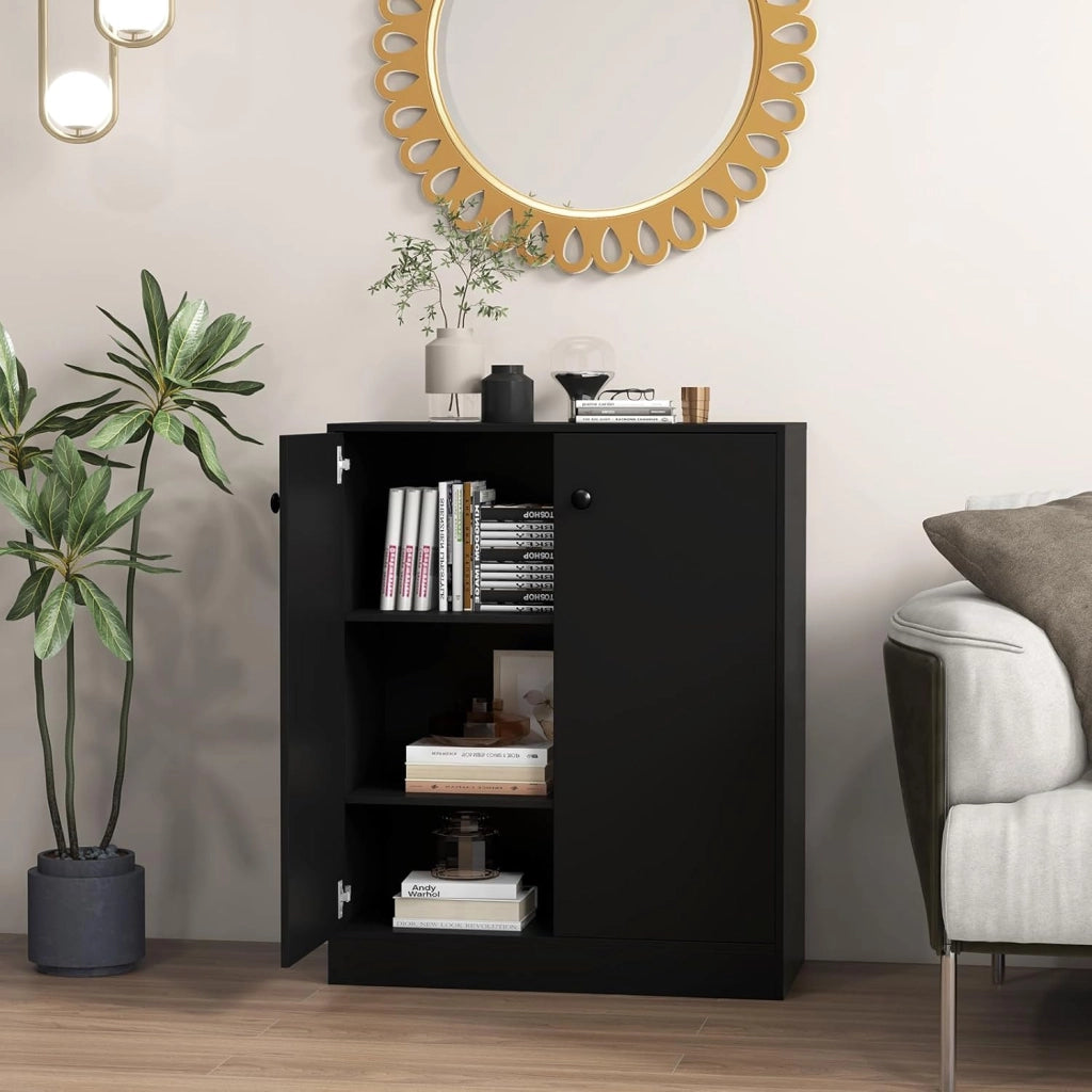 Armadietto da 2 Ante, Mobile da Pavimento con Ripiani a 3 Livelli e Dispositivo Anti-Ribaltamento, per Soggiorno, Sala da Pranzo e Ingresso, 72 x 34 x 85,5 cm (Nero)
