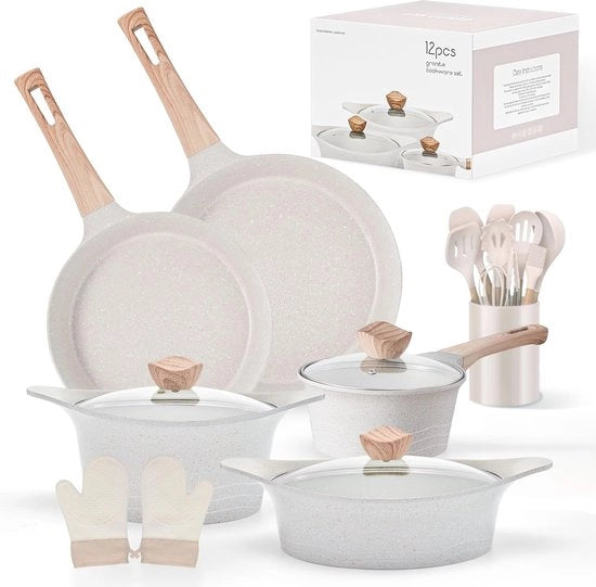 Set di pentola inductiva con rivestimento in granito antiscivolo - Cottura con coperchio
