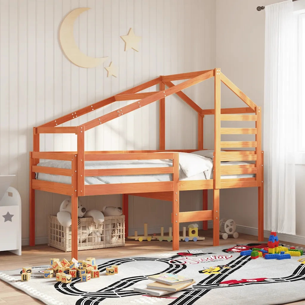 Letto singolo | Letto per adulti | Letto a Soppalco con Tetto Cera 75x190cm Legno Massello di Pino