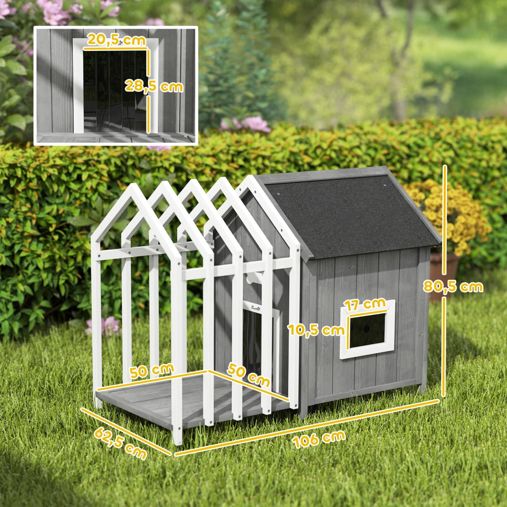 Casetta per cani esterno in legno con terrazza e porta a lamelle ¨C zephmum ¨C 106x62.5x80.5 cm grigio
