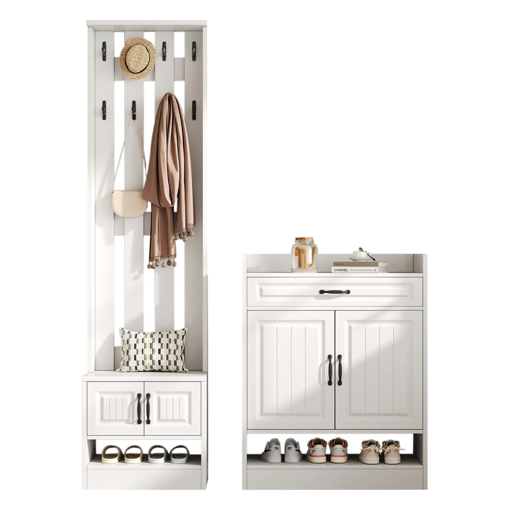 Mobile ingresso con 4 Ante; 1 Cassetto e 8 Ganci; con Panca Scarpiera; Stile Moderno; in Pannelli; Bianco; 125??36??190 cm