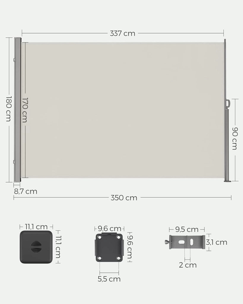 SONGMICS Paravento da Esterno, Tenda da Sole Laterale, Antiruggine, Estensibile, 180 x 350 cm, Frangivista, Parasole Ombreggiante, Tenda da Esterno Balcone Terrazzo Giardino, Beige GSA185T02