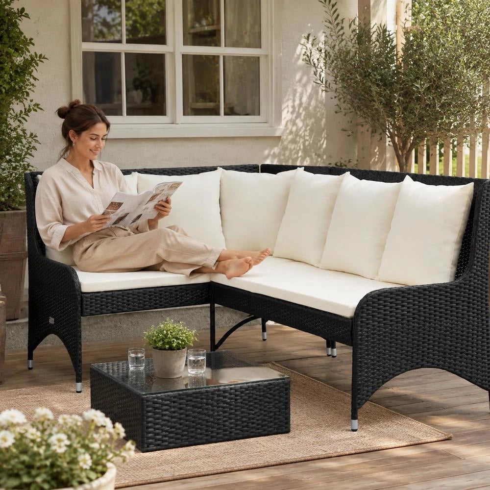 Garden Corner Sofa, 2-piece, Poly Rattan, Black