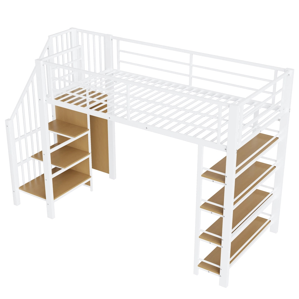 Letto a soppalco singolo 90×200 cm con scala; ripiani; armadio e barriera; senza materasso; metallo; bianco