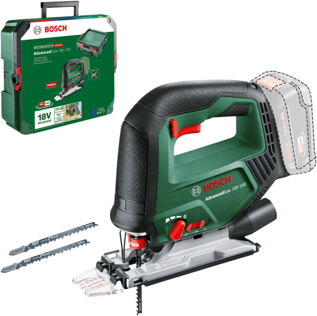 Bosch seghetto alternativo a batteria AdvancedSaw 18V-140 (funzione pendolo; motore brushless; profondità taglio: 140 mm/10 mm/20 mm; 3 lame; 18 Volt; senza batteria e caricabatteria; in cartone)