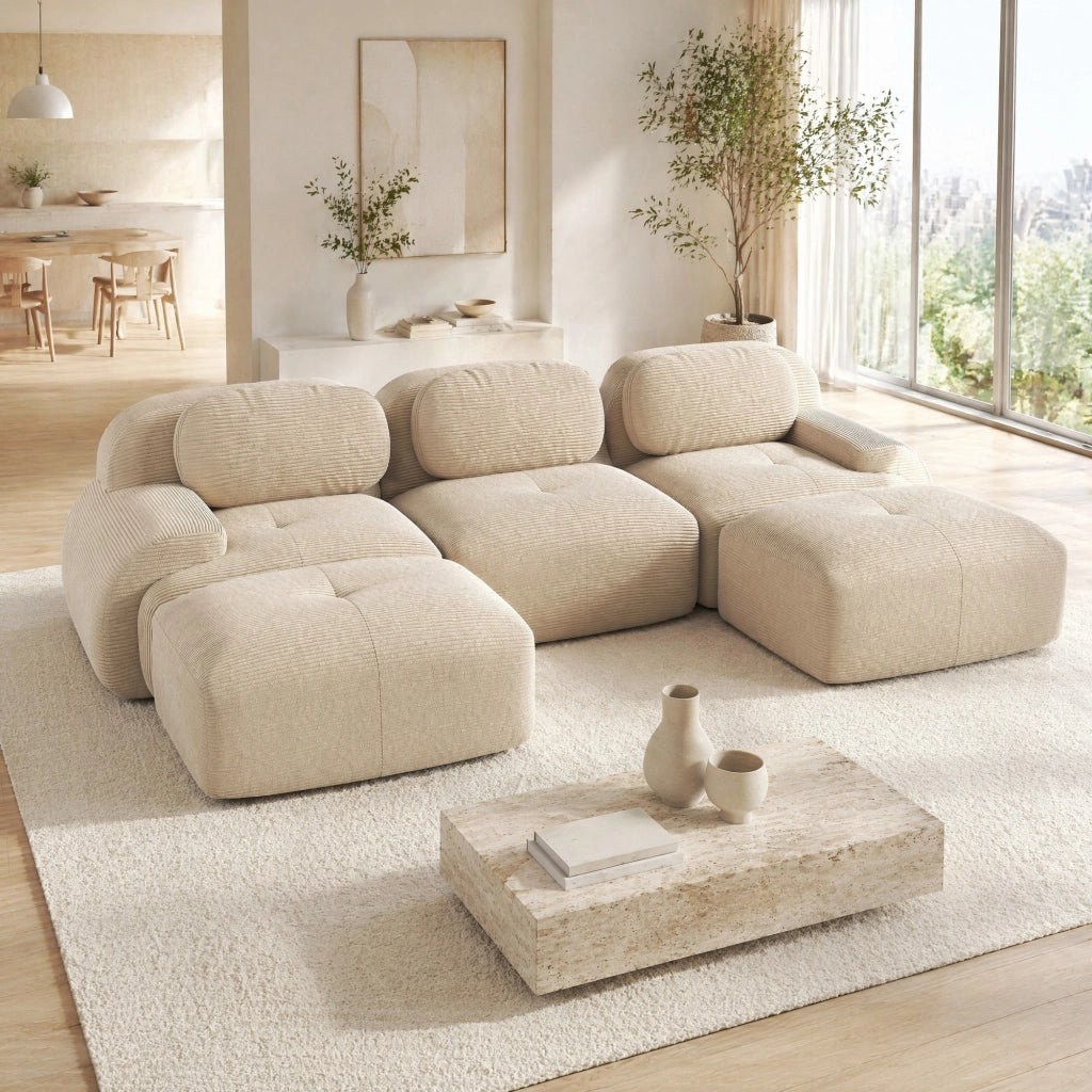 Divano angolare modulare senza montaggio in tessuto a coste beige; design senza struttura