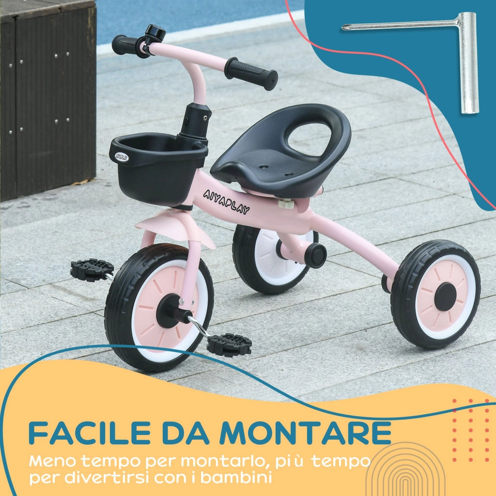 Triciclo per Bambini 70,5x50x58 cm con Seduta Regolabile e Campanello Rosa