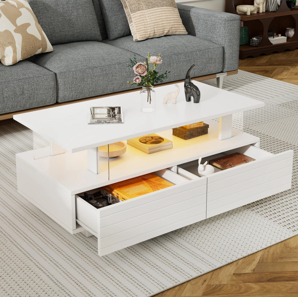 Tavolino da caffè LED bianco 100×50×42 cm con 2 cassetti e ripiano