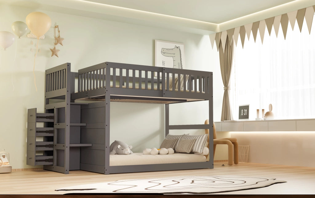 Letto a castello 140x200 cm con scala; 4 cassetti e sponda alta in legno grigio