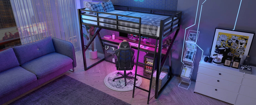 DESMIU Letto a soppalco singolo con scrivania, LED regolabile e barriera 90 × 200 cm, senza materasso