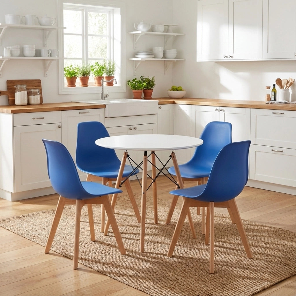 Set di 4 Sedie Kito in Polipropilene Blu con Gambe in Legno di Faggio