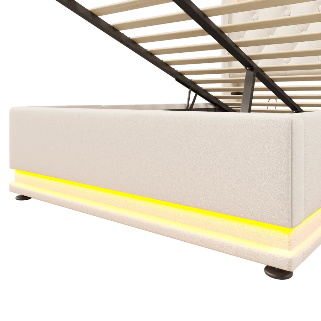 Letti contenitori 90x200 cm LED 360°; USB Tipo-C; PU bianco (Senza materasso)