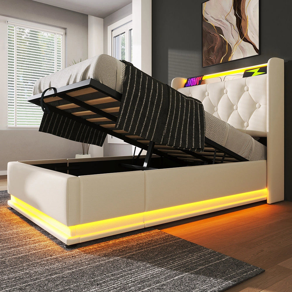 Letto a cassone per adulti - Xylo - 90x200 cm - Beige - USB-C, controllo app/telecomando