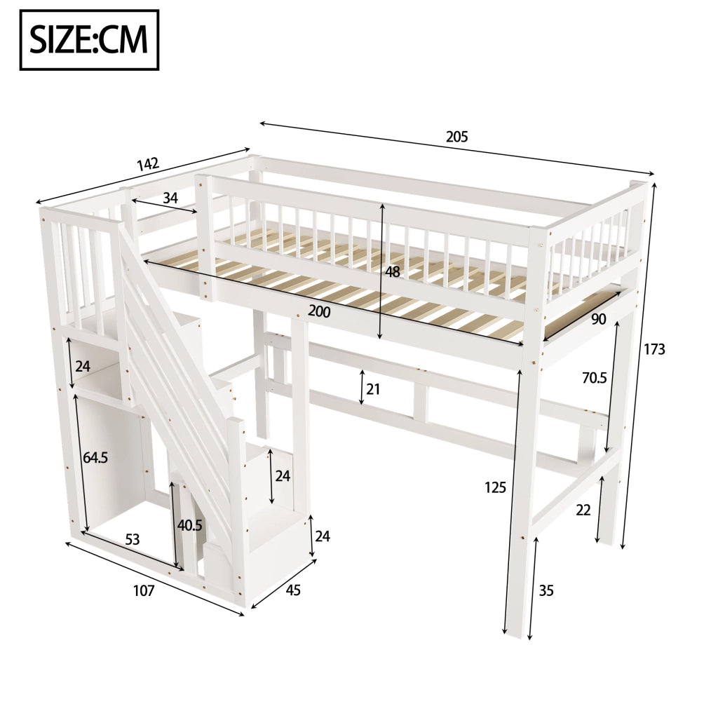 OKWISH Letto Bambino 90×200 cm, Letto Singolo con Scala Contenitore e Sponde Alte, senza Materasso, in Legno, Bianco