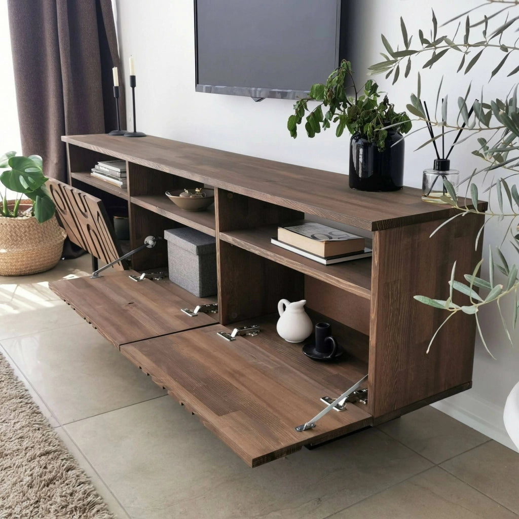 Mobile porta TV Barete, Credenza da soggiorno, Armadio basso per TV, Base parete attrezzata, 170x30h40 cm, Noce