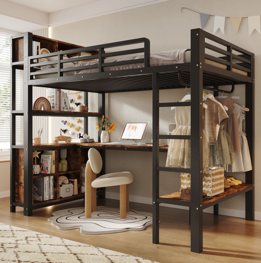 Letto a soppalco 90×200 cm nero con scrivania, appendiabiti e ripiani