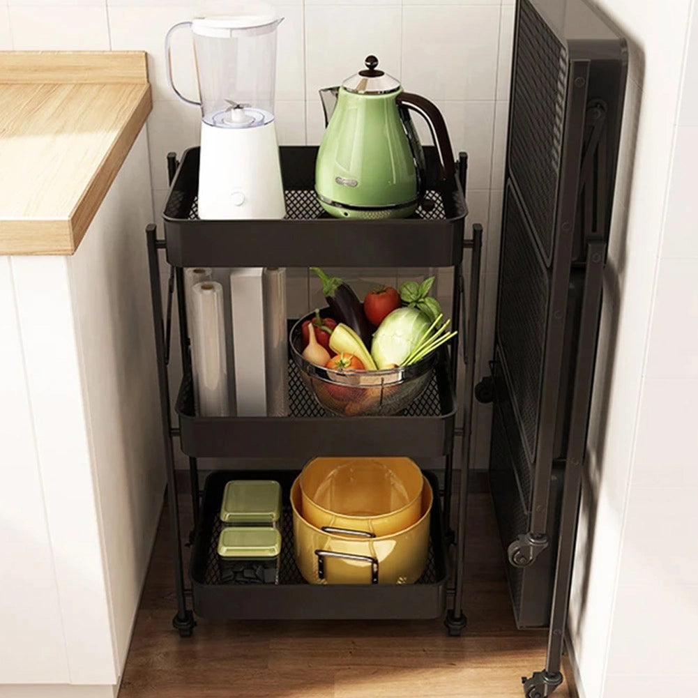 Carrello cucina Slim Pieghevole 3 Ripiani Metallo Trolley Servizio 4 Ruote Nero