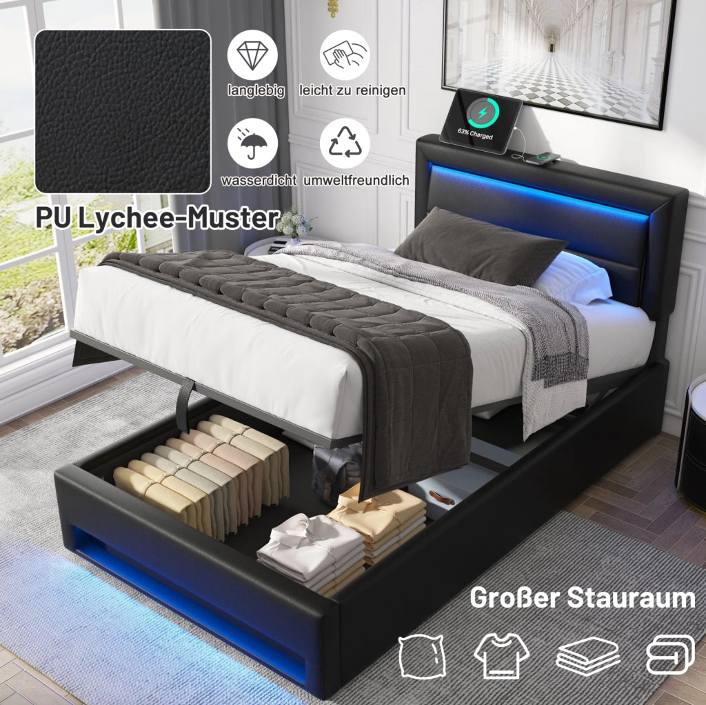 Letto imbottito 90 x 190 cm in PU nero; con LED; USB e contenitore