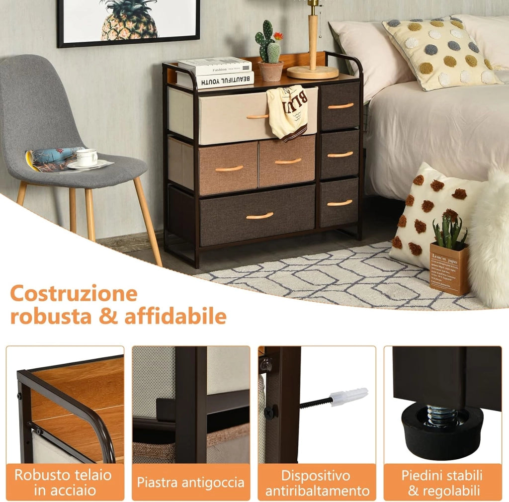 Cassettiera con 7 Cassetti, Organizer Moderno con Cassetti Pieghevoli in Tessuto, Struttura in Acciaio, Ideale per Camera da Letto, Soggiorno, Corridoio, 80 x 29 x 79 cm