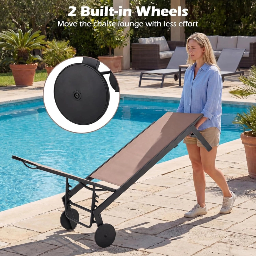 Set di 2 Sdraio da Giardino Reclinabili, Sedia da Abbronzatura Piatta in Metallo Resistente con Schienale 6 Posizioni e Tessuto Traspirante, per Bordo Piscina e Terrazza (Marrone,2)