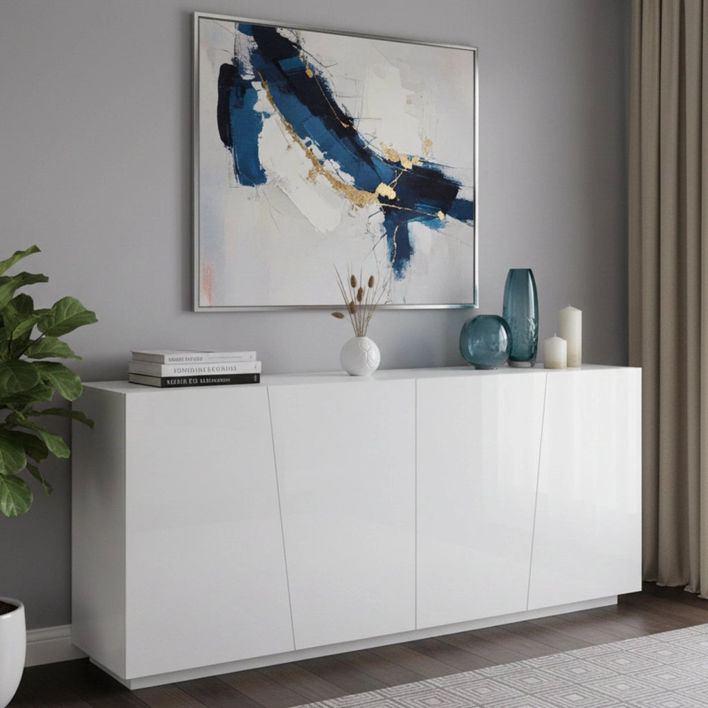 Credenza moderna a 4 Apollo, Made in Italy, Madia da cucina, Buffet di design da soggiorno, cm 200x43h86, Bianco lucido