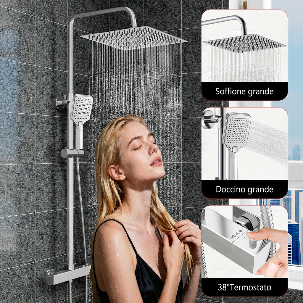 Grande soffione doccia 30x30cm con miscelatore termostatico e doccetta 25x10cm, cromo
