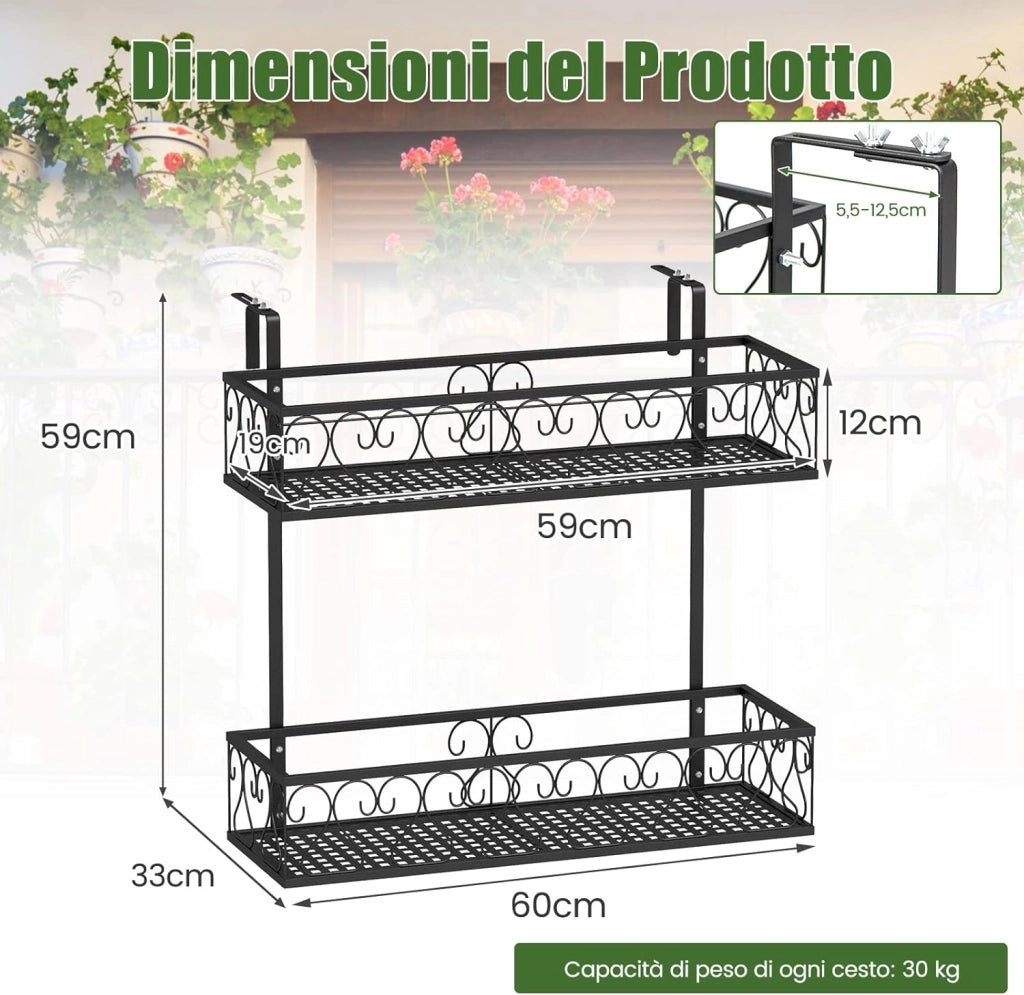 Porta Piante a 2 Livelli, Portavasi da Appender con Ganci Regolabili da 5,5-12,5 cm, Porta Fiori in Metallo da Esterno per Balcone e Recinto, Carico Massimo 30kg, Nero