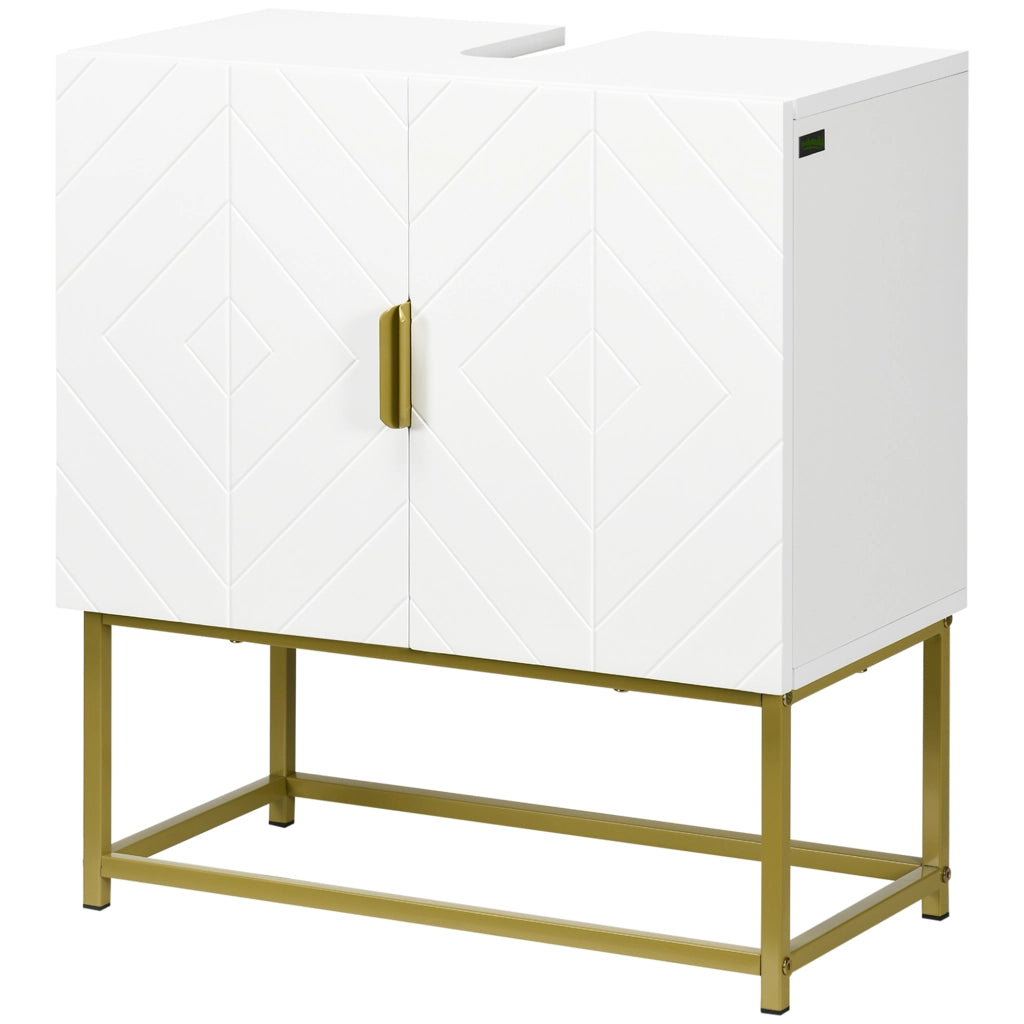 Mobile Bagno Sottolavabo con Armadietto 2 Ante in Legno e Acciaio. 60x30x65cm. Bianco e Oro
