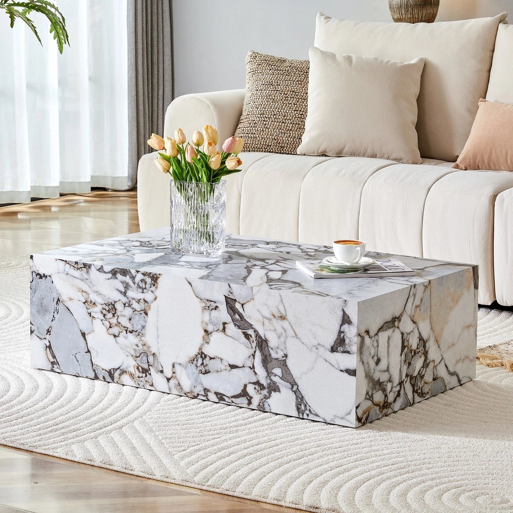Tavolino da Caff¨¨ Rettangolare ¨C Xylo ¨C Bianco, Effetto Marmo, MDF, 90x50x30