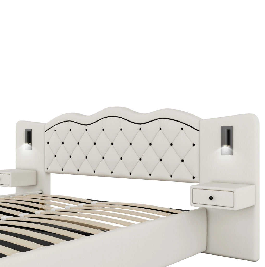 Letto matrimoniale 180x200 cm beige con luci USB e contenitore