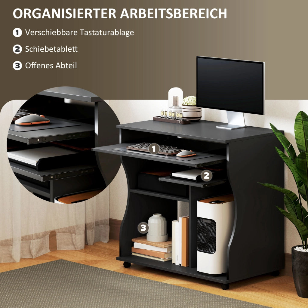Scrivania lineare con ruote e vassoio tastiera per ufficio e piccoli spazi in legno nero 80 × 48 × 75 cm