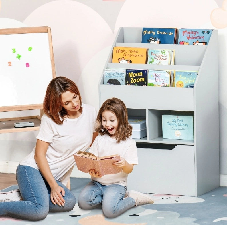 Libreria per bambini grigia con cassetto e ripiani, 60 x 29,9 x 90 cm