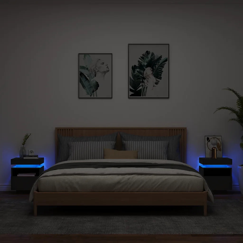 Set di 2 Comodini | Armadio da Notte | Mobiletto da notte con Luci LED Neri 40x39x48,5 cm