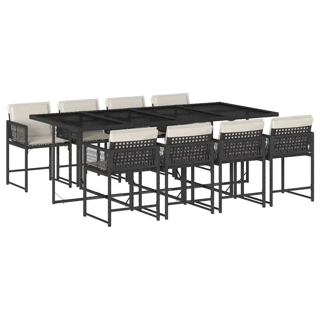 Set da Pranzo da Giardino 9 pz con Cuscini Nero in Polyrattan