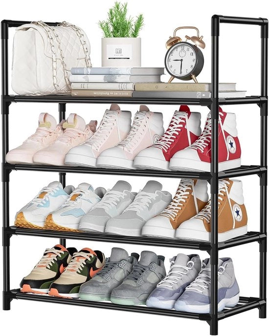 Scaffale per Scarpe in Metallo a 4 Livelli con 4 Nivele per 12 Paire in Nero per Spazio Ridotto per Hall, Esterno, Camera da Stoccaggio 60 x 25,5 x 72 cm