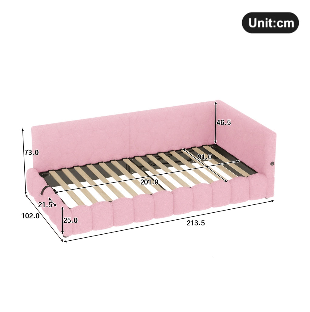 Letto da giorno 90x200 cm con rete a doghe; sollevamento idraulico; LED; USB e Tipo-C; rosa