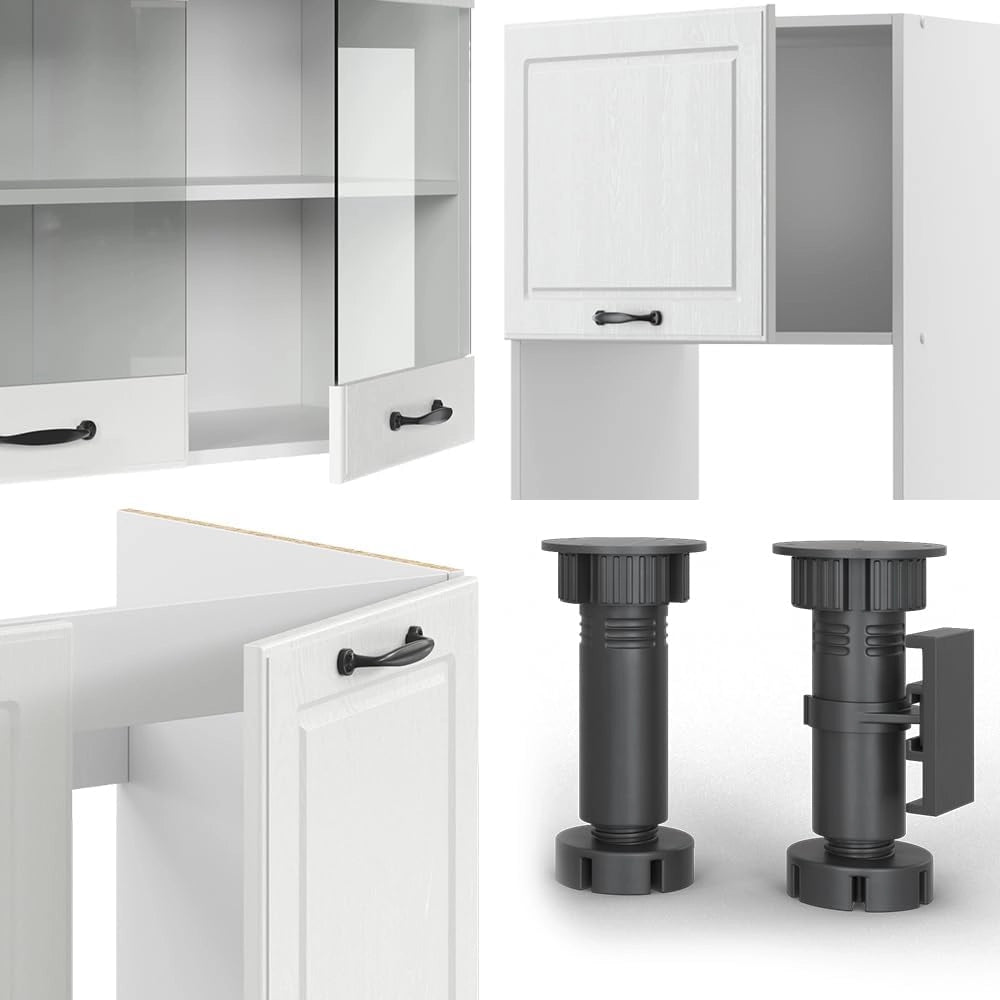 Cucina angolare completa R-Line, Bianco casa di campagna, 247 x 60 cm, PL Rovere, per disposizione flessibile ed espansione modulare